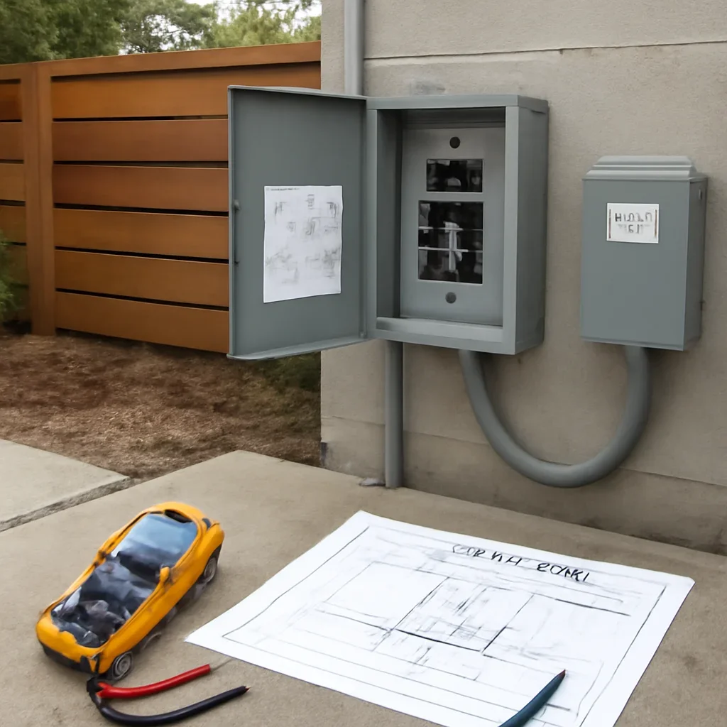 Electrician reviewing hot tub wiring equipment for an Oak Bay installation